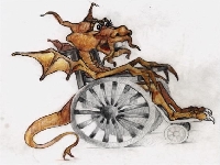 Drawing of the Jabberwocky sitting in a wheelchaire