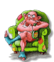  older man with a beer bottle in a chair animation